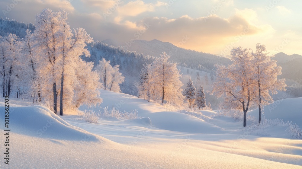 A serene winter landscape with snow-covered trees and mountains bathed in the golden light of the setting sun. A serene winter landscape with snow-covered trees and mountains bathed in the golden light of the setting sun.