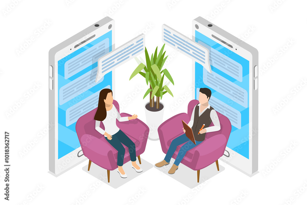 3D Isometric Flat  Illustration of Telehealth, Digital Mental Health Service