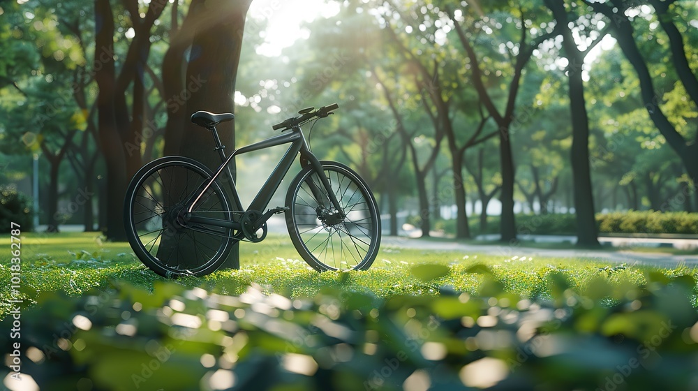 Fototapeta premium Advanced electric bike with sleek design riding through a green urban park