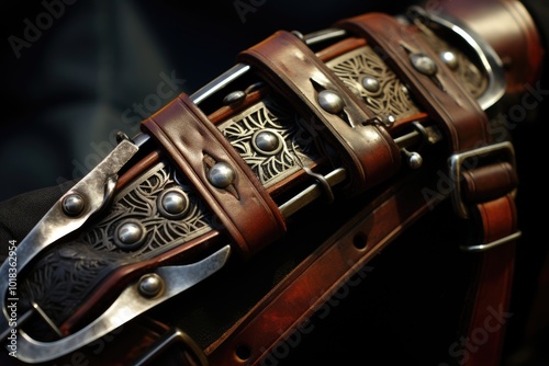 Ornate Leather Belt with Decorative Metal Accents