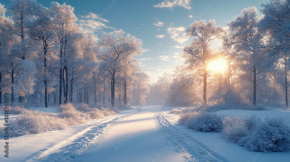 Sunlit Path Through a Snowy Forest, Glimmering With Frost and Serenity Sunlit Path Through a Snowy Forest, Glimmering With Frost and Serenity