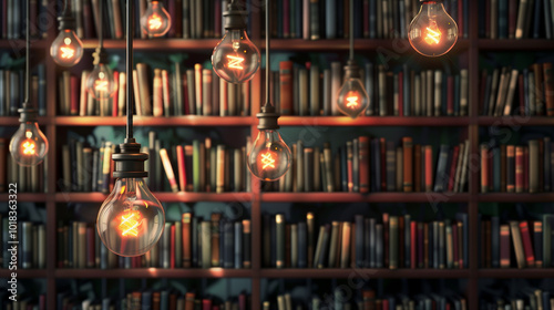 many hanging light bulbs glow dimly, with bookshelves in the background. concept of looking for ideas to solve problems.