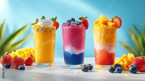 A bright and colorful assortment of smoothies in different flavors: strawberry, blueberry, and mango, with fresh fruits scattered around