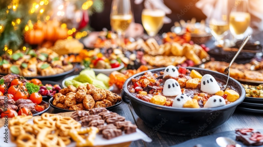 A Halloween fondue party with a bubbling cauldron of melted chocolate A Halloween fondue party with a bubbling cauldron of melted chocolate