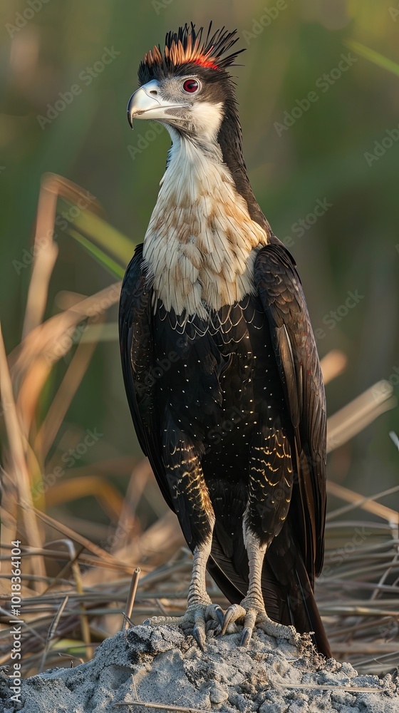 Obraz premium Perched, the crested caracara displays its striking red eyes.