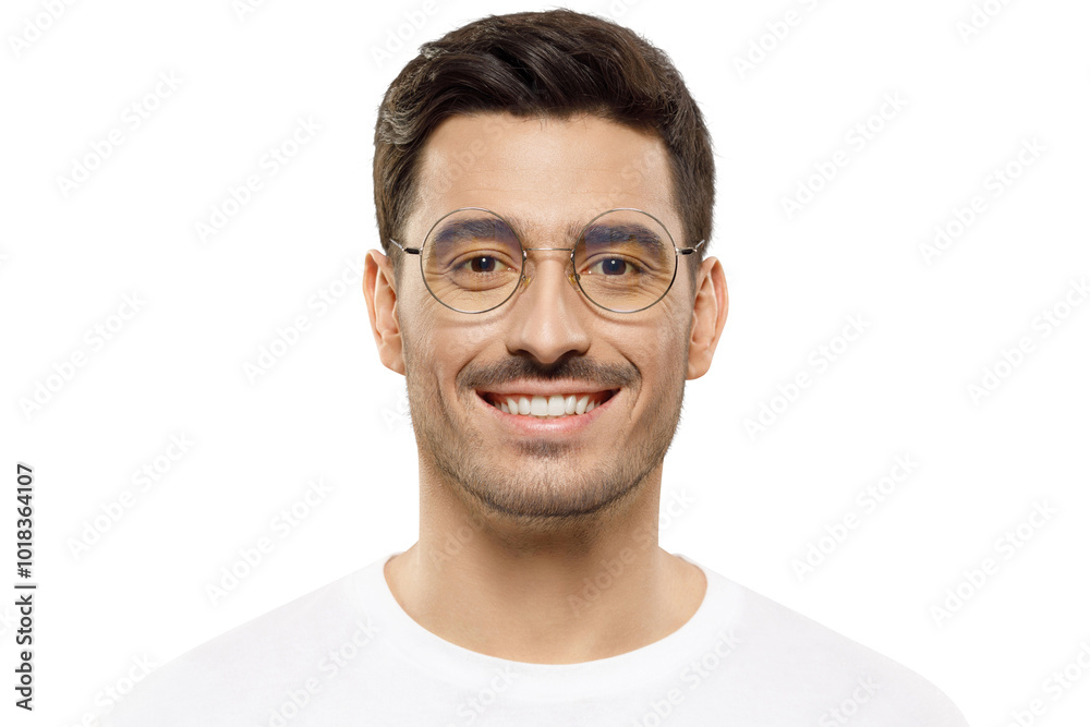 Headshot of handsome young man wearing white t-shirt and round glasses, looking straight to the camera with smile Headshot of handsome young man wearing white t-shirt and round glasses, looking straight to the camera with smile