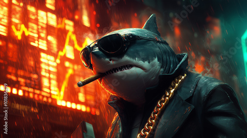 Rich Shark with Cigar and Gold Chain, Financial Influence and Corporate Success
 photo