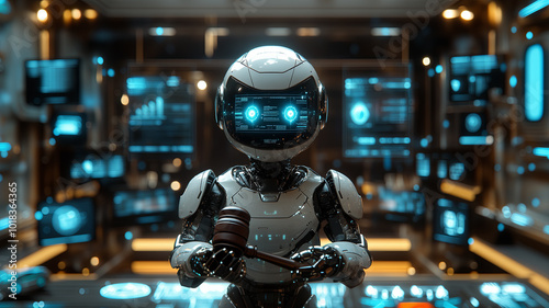 AI Robot Judge in Futuristic Courtroom, Artificial Intelligence and Legal System 