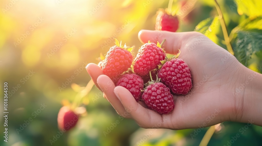 A close-up of a hand holding a bunch of freshly picked raspberries, with sunlight filtering through, creating a fresh and healthy food concept A close-up of a hand holding a bunch of freshly picked raspberries, with sunlight filtering through, creating a fresh and healthy food concept
