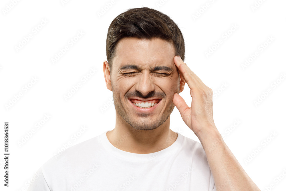 Headache concept. Man touching temple with hand trying to relieve pain, experiencing severe migraine, feeling stressed Headache concept. Man touching temple with hand trying to relieve pain, experiencing severe migraine, feeling stressed