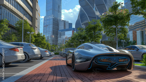 Innovative sports car on street of futuristic city