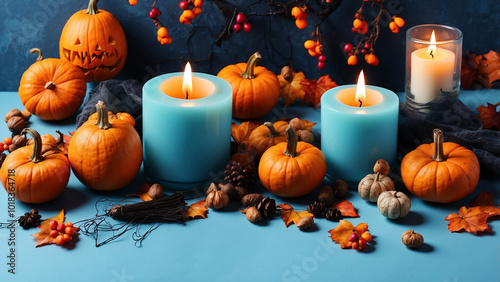 Happy halloween banner template. Flat lay composition with pumpkin and candles on blue background.