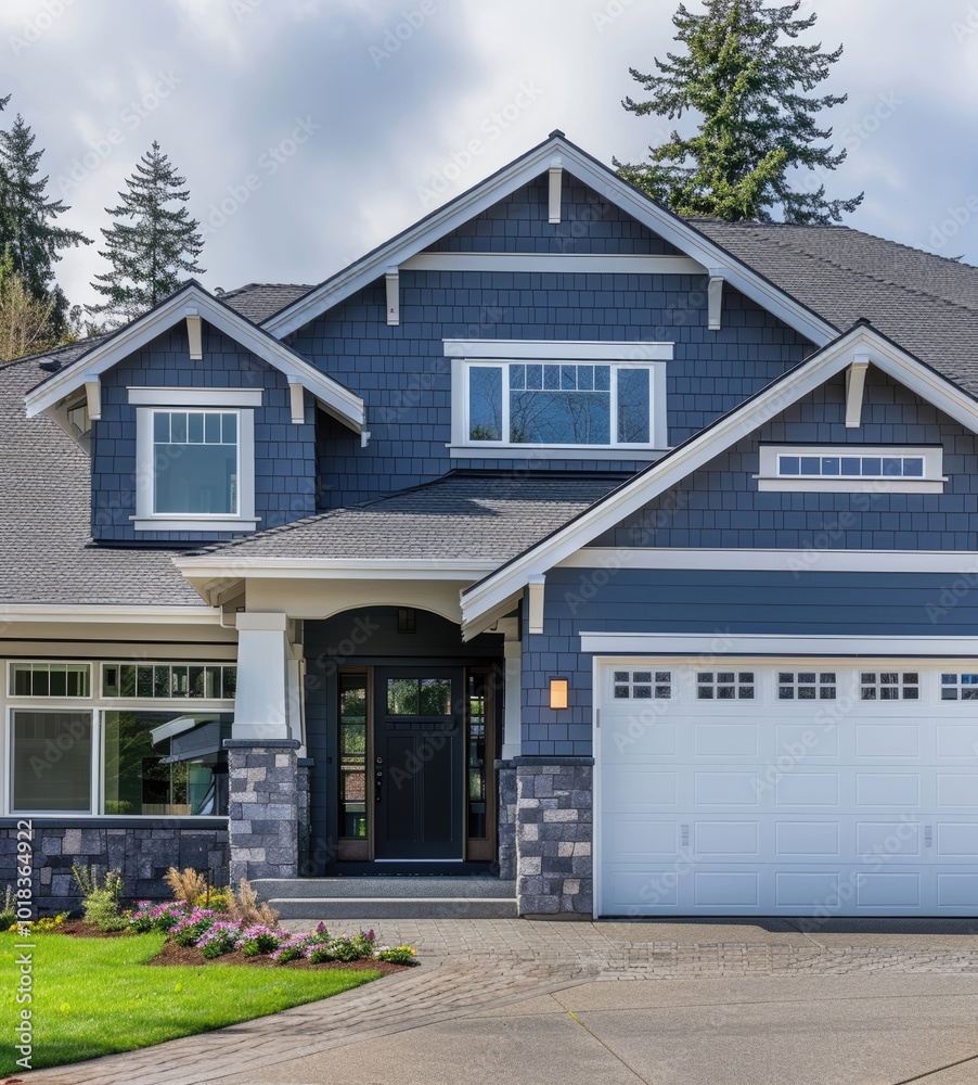 New construction house in the Pacific Northwest, gray shingle and stone exterior with white trim, front door, garage, large backyard, springtime flowers, New construction house in the Pacific Northwest, gray shingle and stone exterior with white trim, front door, garage, large backyard, springtime flowers,