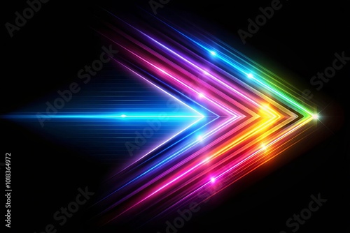 A colorful arrow made of glowing light beams, pointing right at the center on a black background he arrow forms an elegant and dynamic shape with a sense of motion and speed