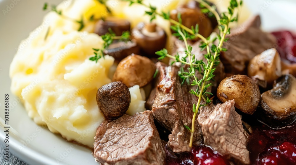 A close-up of a plate of reindeer served with mashed potatoes, lingonberry sauce, andmushrooms, garnished with fresh herbs for a traditional Nordic dish A close-up of a plate of reindeer served with mashed potatoes, lingonberry sauce, andmushrooms, garnished with fresh herbs for a traditional Nordic dish