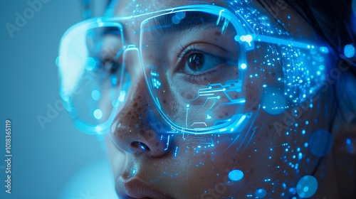 Female scientist in protective glasses, blue neon futuristic photo. Innovative technologies and progress concept