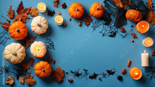 Happy halloween banner template. Flat lay composition with pumpkin and candles on blue background.