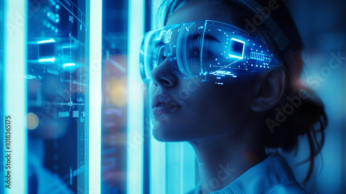 Female scientist in protective glasses, blue neon futuristic photo. Innovative technologies and progress concept