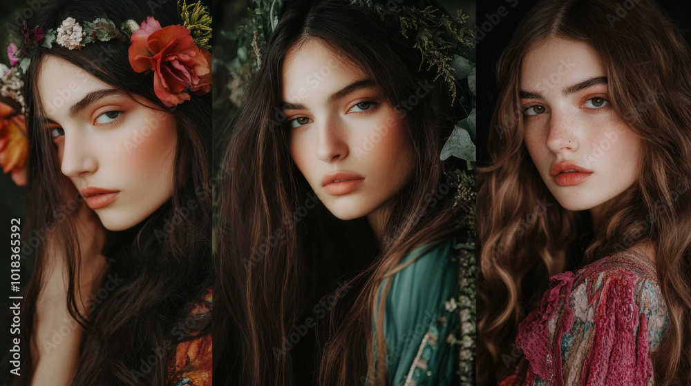 Obraz premium Captivating Portraits of a Young Woman Amidst Nature's Beauty and Floral Accents