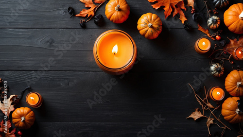 Happy halloween banner template. Flat lay composition with pumpkin and candles on black background.