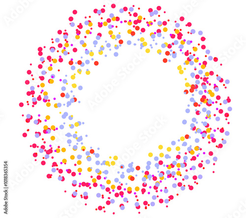 Colorful confetti in a circle with small round circles of different sizes on a blank background