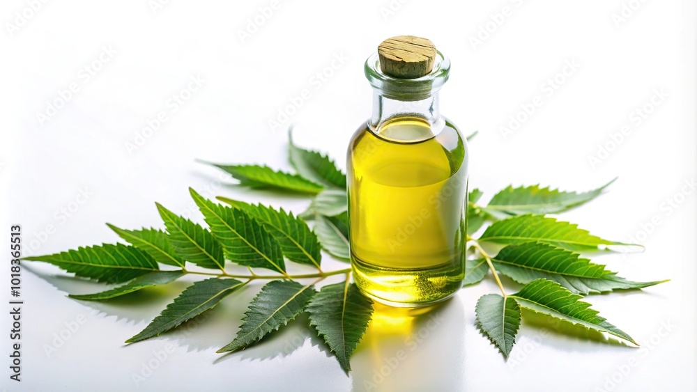 Neem oil bottle on white background at eye level Neem oil bottle on white background at eye level
