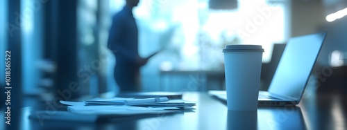 A modern office desk with an open laptop, coffee cup, and documents on it