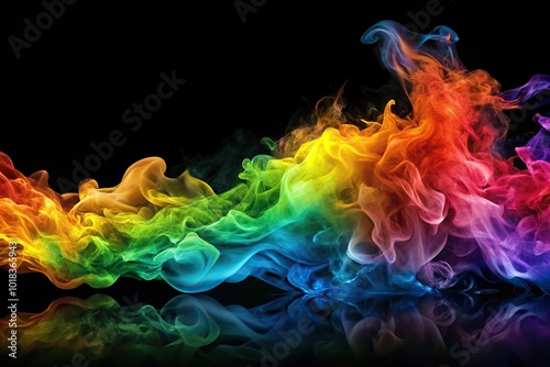 Abstract splash of rainbow paint in smoke flames background
