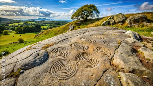 Neolithic rock art depiction on natural rock outcrop in Scotland photo