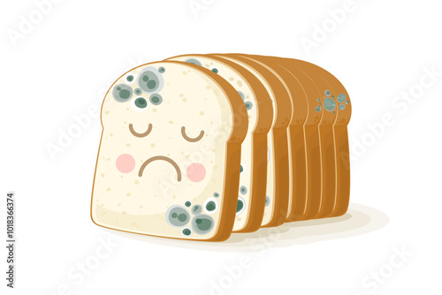 Moldy bread vector isolated on white background, Bread that has gone bad or is expired and has been damaged by moisture, Food contamination caused by mold, aflatoxin, bacteria and microorganisms.
