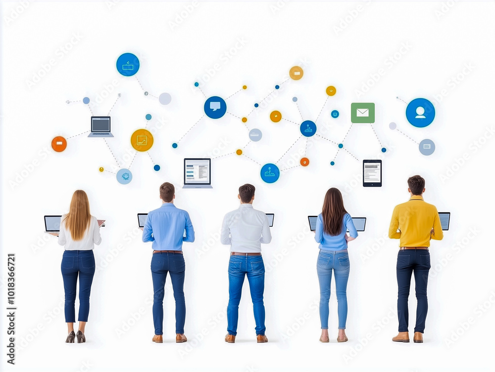 Technology, connectivity and group of business people at wall together with phone, tablet and laptop. Internet, communication and creative team with contact on website, digital network or mobile app Technology, connectivity and group of business people at wall together with phone, tablet and laptop. Internet, communication and creative team with contact on website, digital network or mobile app