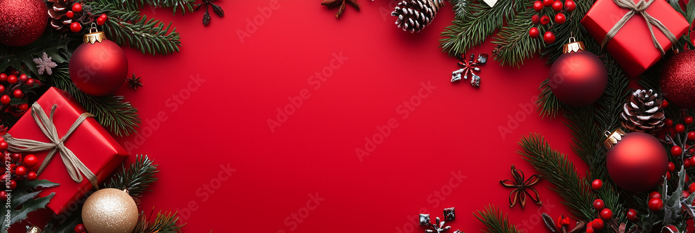 Christmas Frame with Red and Gold Ornaments on Red Background Christmas Frame with Red and Gold Ornaments on Red Background