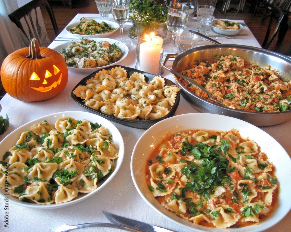 A Halloween pasta night with ghost-shaped ravioli and pumpkin-shaped garlic bread A Halloween pasta night with ghost-shaped ravioli and pumpkin-shaped garlic bread