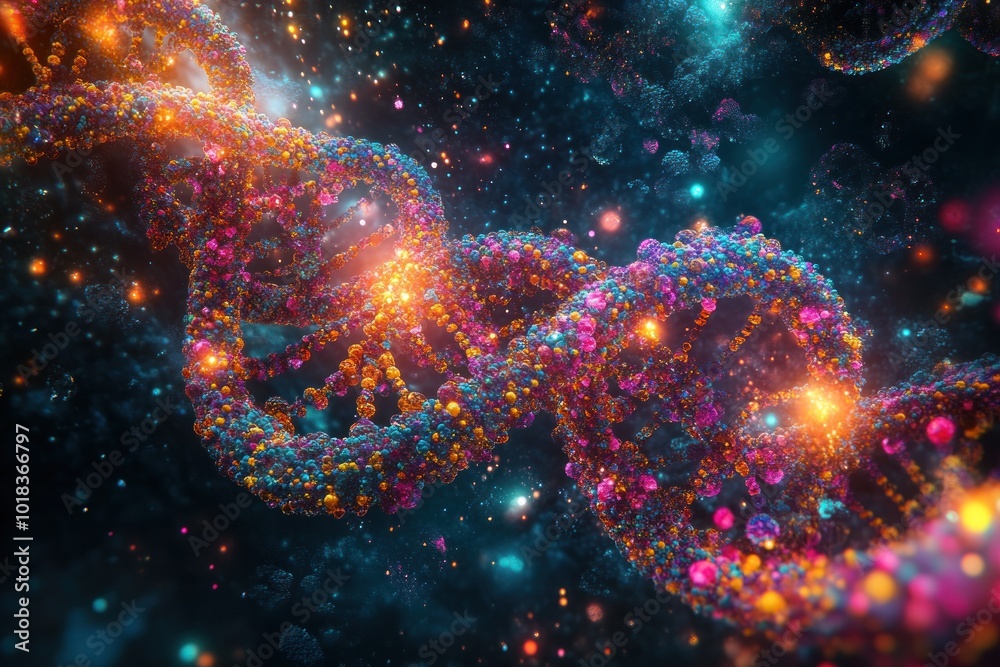 A vibrant, colorful, and abstract representation of DNA, a double helix structure, with glowing orbs and a cosmic-like background, symbolizing the intricate nature of genetic material. A vibrant, colorful, and abstract representation of DNA, a double helix structure, with glowing orbs and a cosmic-like background, symbolizing the intricate nature of genetic material.