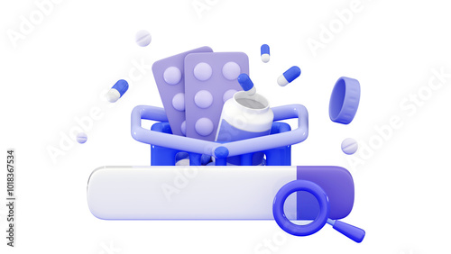 3D Medicine Research Search bar and shopping basket Minimal three-dimensional 3D render illustration