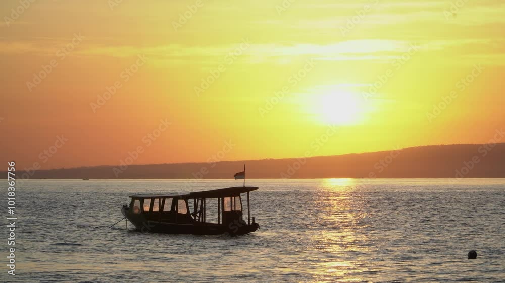 A boat floats peacefully on tranquil water at sunset, a picturesque scene A boat floats peacefully on tranquil water at sunset, a picturesque scene