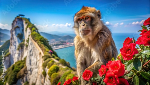 Gibraltar monkey posing with red roses in front of the Rock of Gibraltar at a tilted angle
