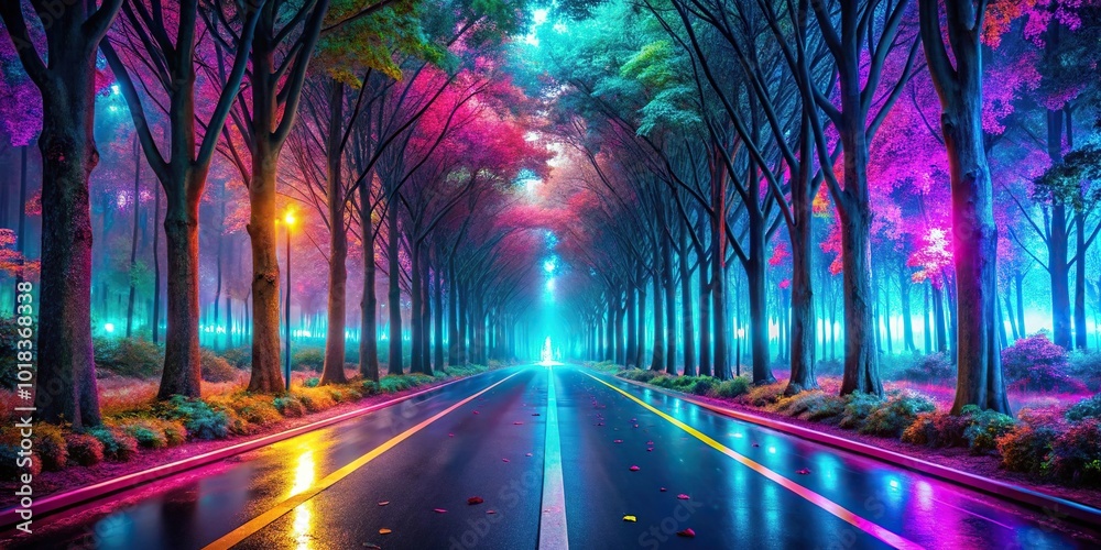 neon forest road or avenue scenery wallpaper with vivid lights Close-Up