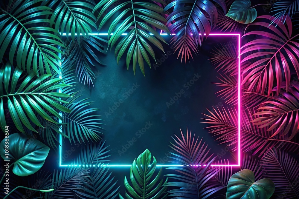 neon frame with tropical leaves on dark background neon frame with tropical leaves on dark background