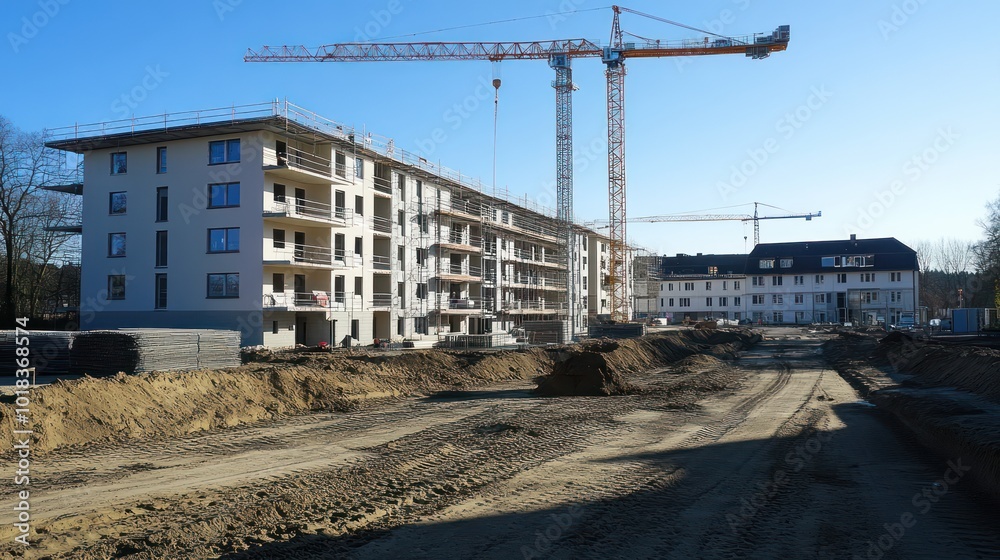 Fototapeta premium A partially constructed apartment building with a crane in the background.