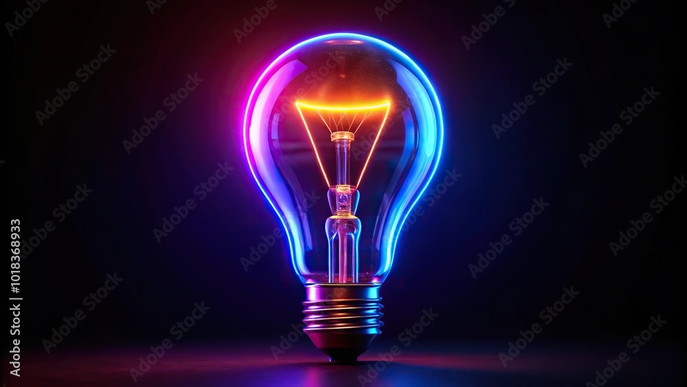 Neon glowing light bulb on black background Low Angle Neon glowing light bulb on black background Low Angle