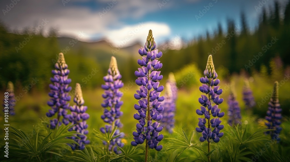 Obraz premium A field of purple lupines blooming in a meadow, their tall, spiky flowers reaching towards the sky, framed by lush green foliage