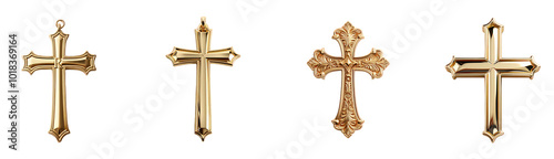 Four gold cross pendants are shown in a row photo