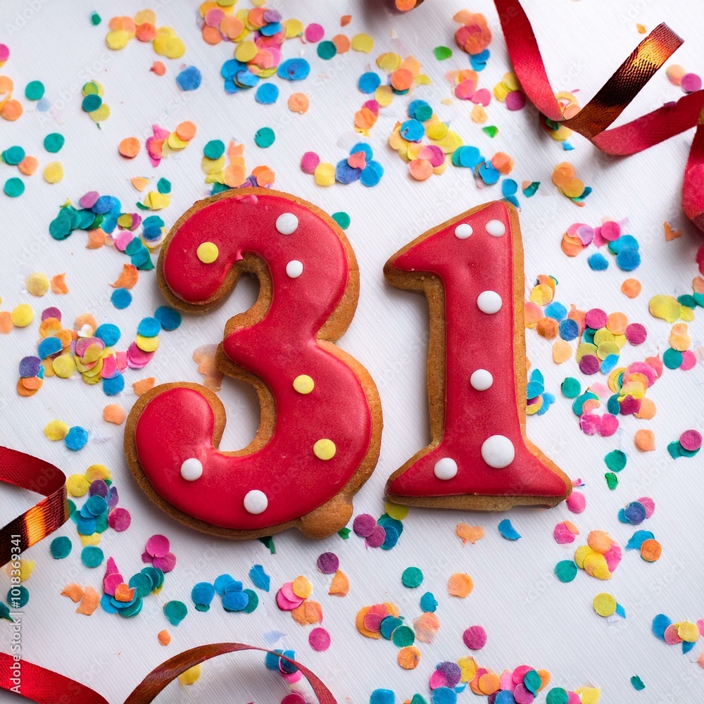 Decorated cookie, number 31, image for birthday or anniversary celebration Decorated cookie, number 31, image for birthday or anniversary celebration