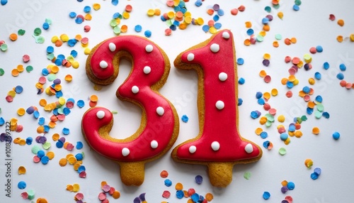 Decorated cookie, number 31, image for birthday or anniversary celebration