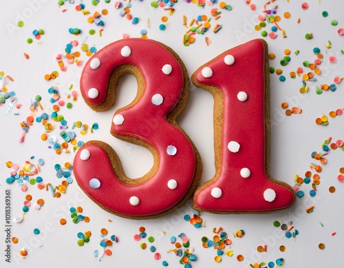 Decorated cookie, number 31, image for birthday or anniversary celebration