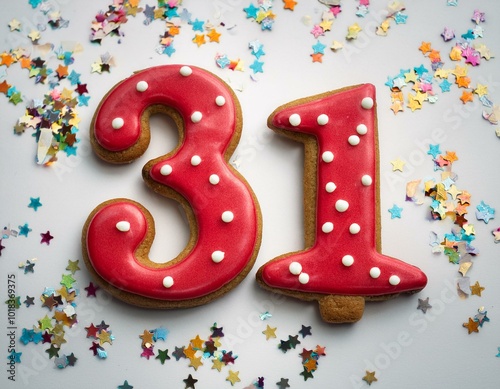 Decorated cookie, number 31, image for birthday or anniversary celebration