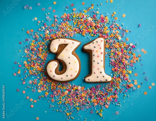 Decorated cookie, number 31, image for birthday or anniversary celebration