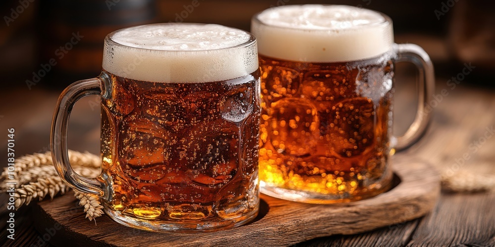 Two frosted mugs of golden ale, brimming with bubbles, rest on a rustic wooden surface The light catches the beer, casting warm, inviting reflections Two frosted mugs of golden ale, brimming with bubbles, rest on a rustic wooden surface The light catches the beer, casting warm, inviting reflections