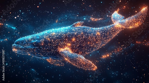 A glowing digital whale constructed with bright nodes and lines floats majestically in a cosmic ocean, symbolizing unity with vibrant hues in vastness. photo